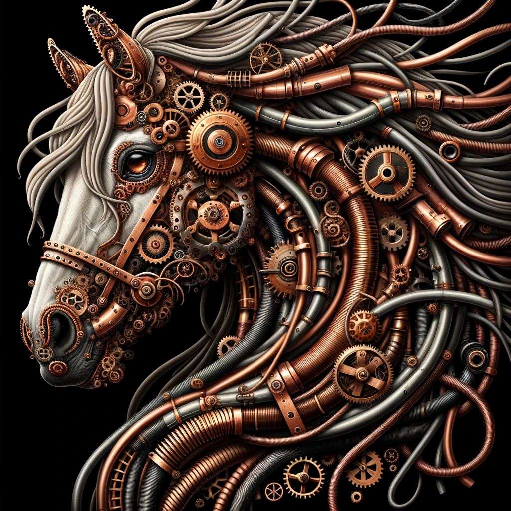 a horse, digital art, steampunk